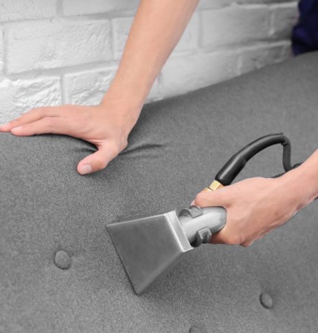 Dry cleaning worker removing dirt from sofa indoors